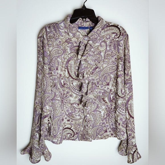 Karen Scott Ruffle Front Bell Sleeves Paisley Button Down Blouse, Sz L - Picture 1 of 9